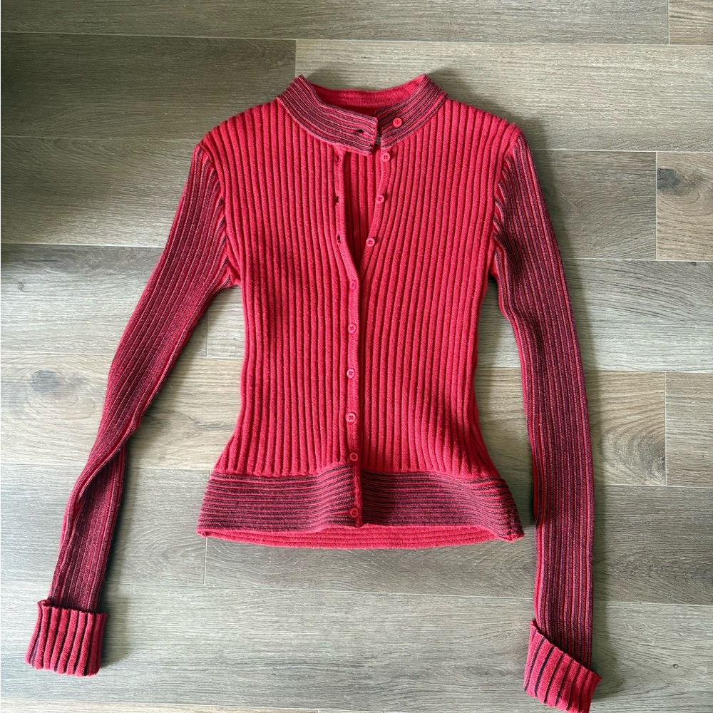 Ribbed Button-Front Red Cardigan Sweater